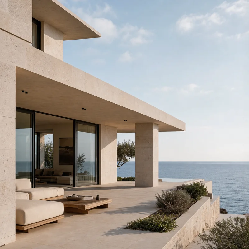 Minimal home overlooking a calm ocean