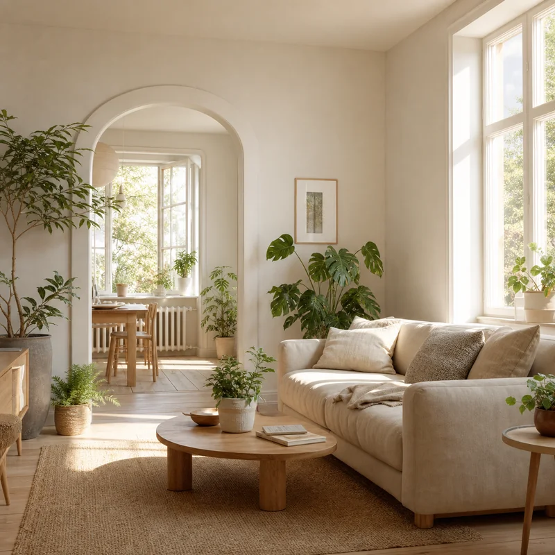 Bright living room with plants and natural materials