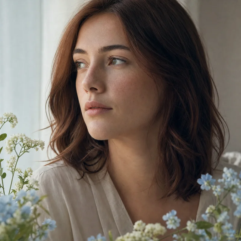 Cinematic portrait framed by small flowers