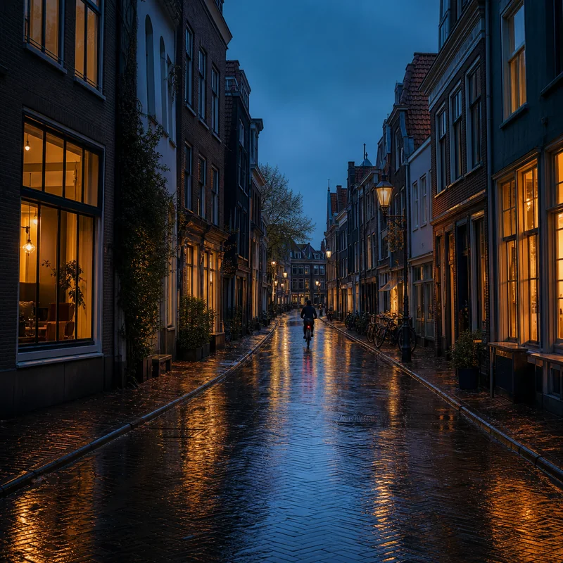 Rainy city street reflecting evening light